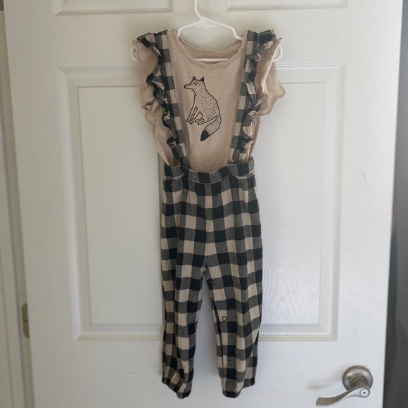 Adorable Fox Print Checkered Overalls Two-Piece 2T - Picture 3 of 4